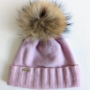 95% Cashmere 5% Merino Wool Hat with Raccoon Pom Pink
